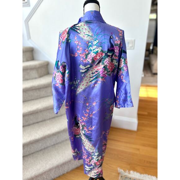 Vintage Purple Satin Peacock & Pink Lotus Open Kimono Robe - Picture 2 of 8